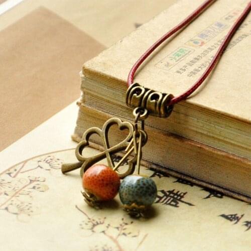 Vintage Four Leaf Clover Tassel Pendant Long Necklaces Jewelry For Women Ceramic Beads Necklace Charm Choker Retro Accessories