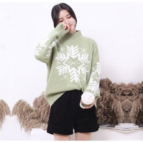 Winter Sweater Womens Loose Snowflake Pattern Pullover Thick Sweater Sweet European American Korean Lazy Wind Half High Collar