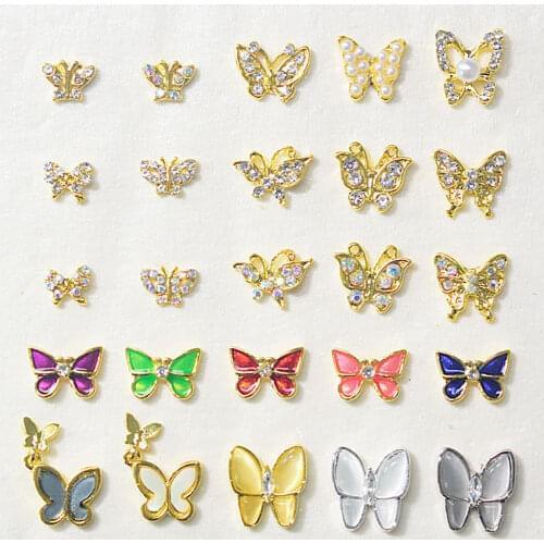 100pcs/Lot Nail Art Decorations Alloy Butterfly Shape 3D Metal Gold Japanese Style Nail Charms Accessories Shiny Rhinestones JS8