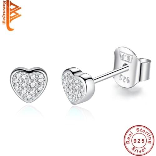 BELAWANG Wholesale Hot Fashion 100% 925 Sterling Silver Crystal Heart Stud Earrings For Women Authentic Original Jewelry Gift