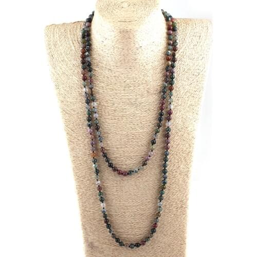 Free Shipping Fashion Bohemian Tribal Jewelry 6mm Semi Precious Stones Beads long Knotted Necklaces Women Ethnic Necklace 150cm