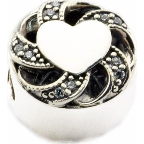 DIY Beads for Jewelry Making Sterling-Silver-Jewelry Ribbon Heart Bead WITH CLEAR CZ Charms Silver 925 Berloque Perles