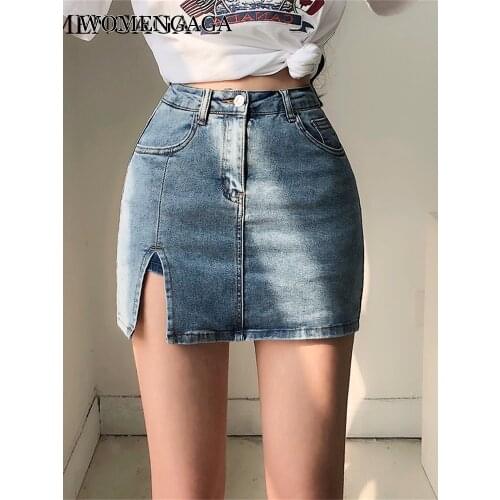 2020 Summer New Womens Girl Female Europe Bifurcation Double Layer Security High Waist Sexy Denim Blue Skirt 5QE7