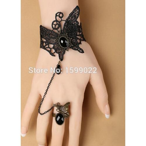 Elegant Black Lace Butterfly Charm Bracelets for Women Young Girls Classic Wristband Gothic Hand Jewelry with Ring
