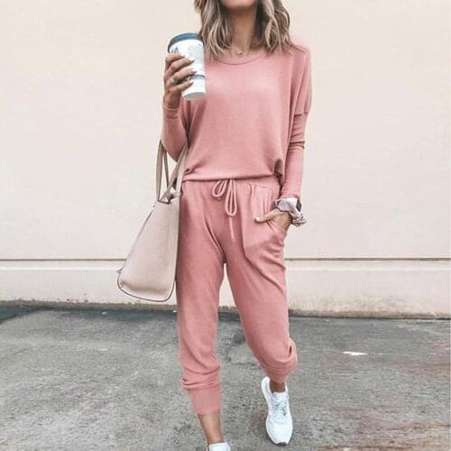European and American fall new casual womens wear grey pink blue green collar long sleeve wide loose sports trousers two suits
