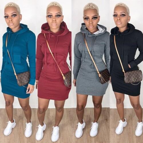 Fitness Women Fall Winter Mini Dress Casual Fashion Hooded Full Sleeve Pockets Above Knee Dress Solid Bandage Hooded Dresses