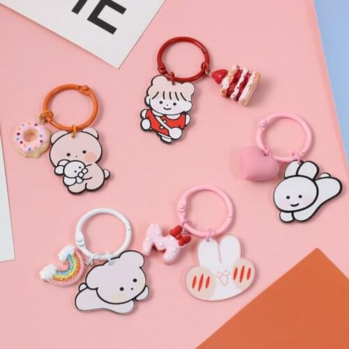 Ins cartoon cute Girls Heart bear Cake acrylic keychains bag pendant Useful Keyrings