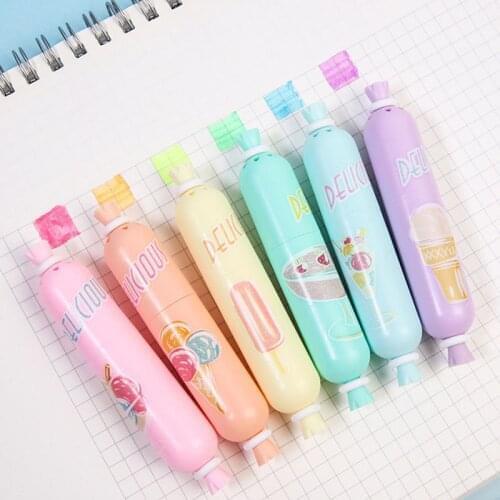 Cute Sausage Shaped Highlighter Pen 6 pcs Assorted Neon Colors Water Based Text Marker Coloring DIY Gift for Children Students