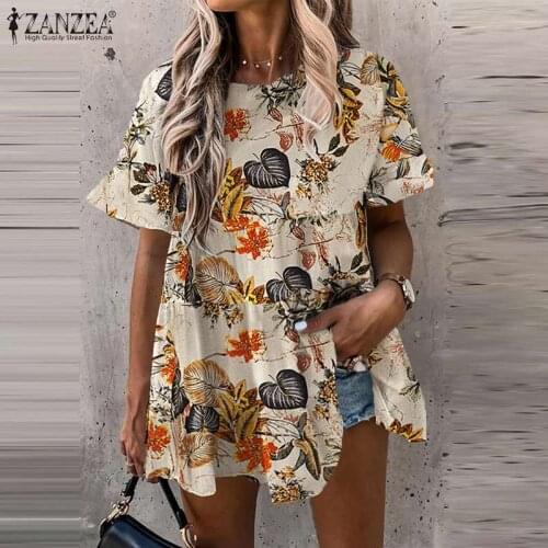 Fashion Printed Tops Womens Summer Blouse ZANZEA 2021 Casual Floral Tunic Female O Neck Short Sleeve Blusas Cotton Chemise