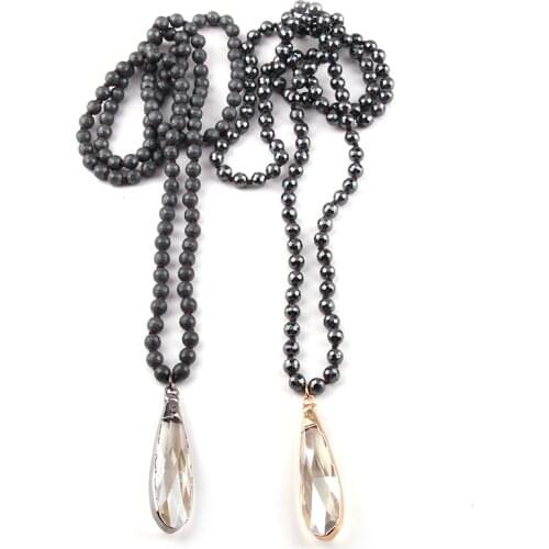 Fashion Jewelry 6 mm Faceted Hematite Stone Knotted Glass Drop Pendant Necklace For Women