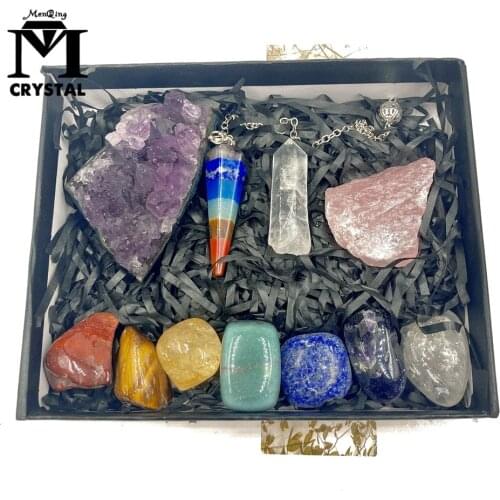 Natural Healing Crystals Stone In Box 7 Chakra Set Tumbled Stones Rose Quartz Amethyst Cluster Mineral Specimen Home Decor