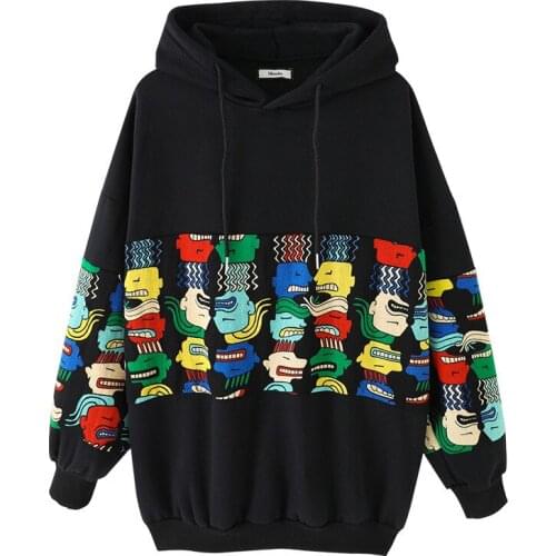 New autumn black print hoodies for teen girls long sleeve loose pullove lady hooded sweatshirt casual fashion female top