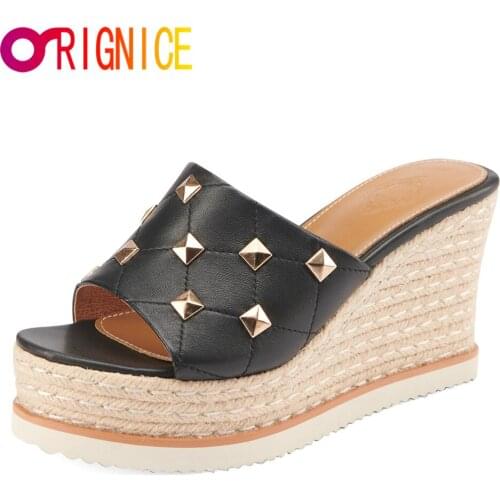 Orignice Woven Platform High Heel Summer Sandals Women Handmade Rivet Inlaid Peep Toe Dress Party Wedges Slipper Size 34-40