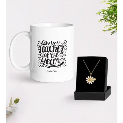 Personalized Teacher Of The Year Trophy And Daisy Necklace Gift Seti-1
