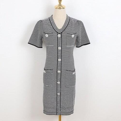Brad Design Sexy V-Neck Short-Sleeved Knitted Midi Dress Spring Summer Striped Four-Pocket Diamond Button Dress 2021 Clothing