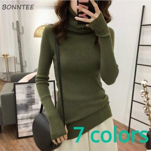 Pullovers Women Turtleneck Green Solid Korean Style Slim Fitness All-match Comfortable Chic Simple Fashion Design Tops Elastic