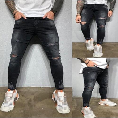 Ripped Jeans for Men Casual Skinny Stretch Black Distressed Jeans Men Sexy Hole Mid Waist Denim Pencil Pants