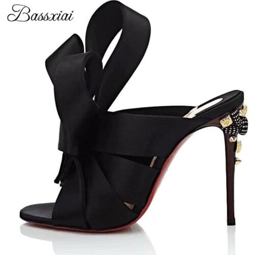 Rivet Decor Thin High Heel Sandals Women Summer Sexy Open Toe Luxury Satin Butterfly-Knot Slingbacks Lazyman Mules