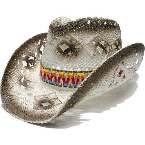 LUCKYLIANJI Womens Mens Unisexs Vintage Wide Brim Straw Sun Beach Cowboy Cowgirl Western Hat Ethnic Style Band (58cm)