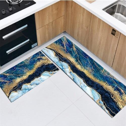 Nordic Blue Gilt Marble Kitchen Carpet Floor Rug Non-slip Bathroom Mat Washable Soft Flannel Kids Bedroom Mat Bedside Long Mat