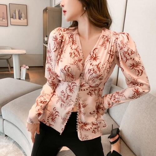 2021 Fashion Autumn Winter French Style V-neck Long Sleeve Ins Slim Print Floral Pink Sexy Shirt Blouse for Women Party Night