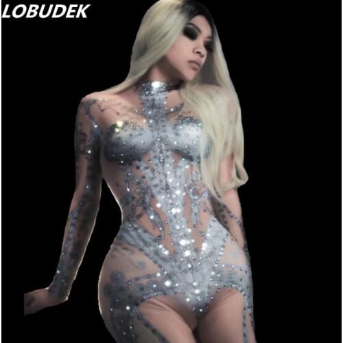 Women Silver Rhinestones Tights Jumpsuit Stretch Rompers Bar Nightclub DJ Singer Performance Stage Wear Pole Dancing Costume