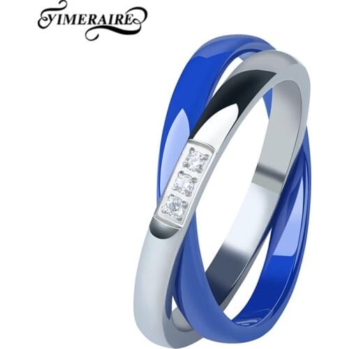 New Elegant Blue Double Circle Ring Rhinestone Stainless Steel With Ceramic Rings For Women Fashion Jewelry Wedding Party Gifts