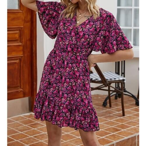Short Sleeve Floral Dress Summer Women Vintage Printed Elegant Sexy Dress Woman A Line Plus Size Party Dresses Vestidos 15079