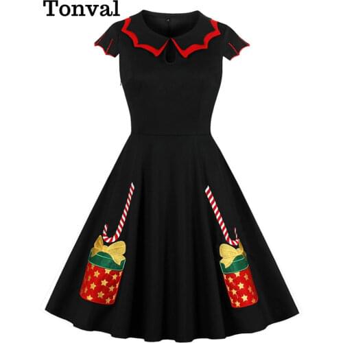 Tonval Black 50S Vintage Festival Gift Embroidery Elegant Christmas Dress Women Keyhole Cap Sleeve A Line Cotton Party Dresses