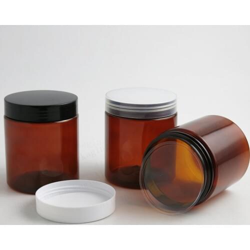 20 x 250ML Amber Empty PET Jars with Black White Plastic Screw Lids, 250cc Cream Container