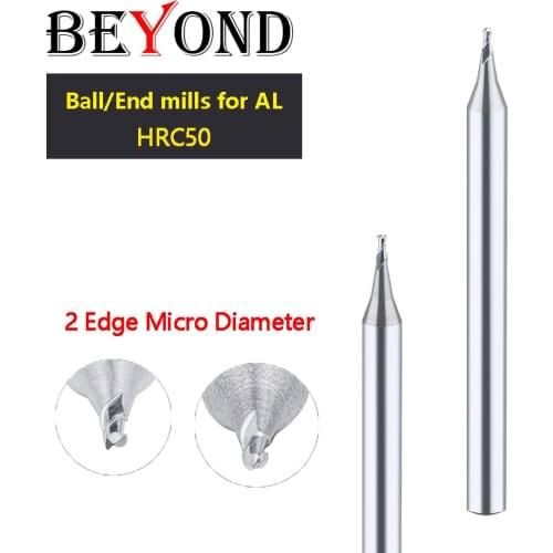 BEYOND Micro Diameter Ball Milling Cutter For Aluminium Carbide CNC Milling Machine Center 2 Edge 0.15-0.9 HRC50