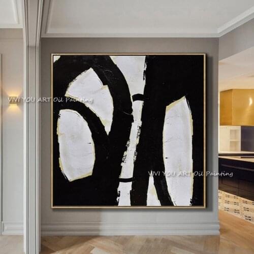 Big Size Black and White Abstract Handpainted Painting Minimalist Art Modern Wall Art Decor Textured Painting on Canvas