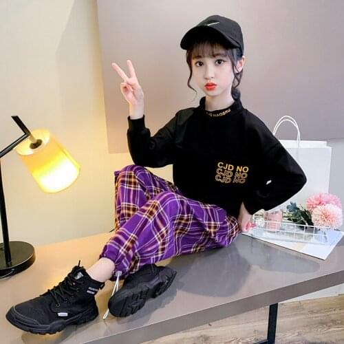 Kids Spring Autumn Clothing Suit 2021 Beautiful Little Girls Fashion Cute Sweater + Plaid Pants Two Piece Clothes for Teenager