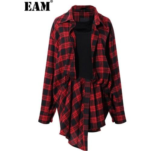 [EAM] Women Red Plaid Irregular False Two Big Size Dress New V-Neck Long Sleeve Loose Fit Fashion Spring Autumn 2021 1DD5926