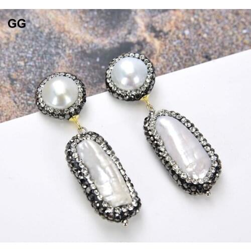 GuaiGuai Jewelry 1.9" Biwa Pearl Trimmed With Marcasite Earrings CZ