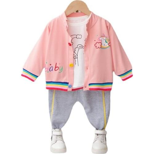 Spring And Autumn Girls' Suit Cartoon Single-breasted Jacket White Long Sleeve Casual Sports Pants Childrens Three-piece Set