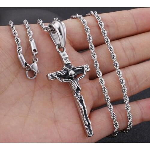 Punk Style Cool Vintage Skull Skeleton Cross Pendant Mens Women Stainless Steel Skeleton Halloween Skull Coffin Necklace Rope