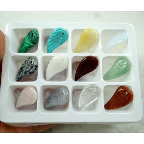 Natural stone Quartz crystal Turquoises tiger eye aventurine Wings Pendant for diy Jewelry making necklace Accessories12PCS