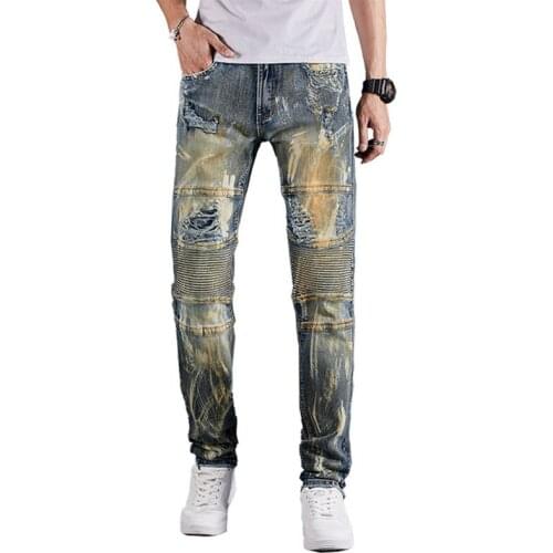 New American style stitching motorcycle casual jeans mens male nostalgic ripped holes cut stretch denim pants trousers 1938
