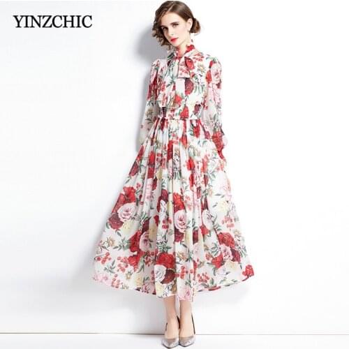 Fall New Woman Chiffon Dress Bow Neck Female Casual Beach Skirts Slim A-line Party Dress Floral Printed Long Skirts for Woman