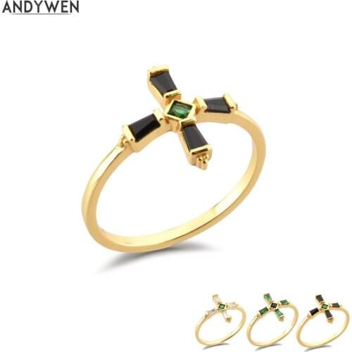 ANDYWEN 925 Sterling Silver Black Cross Luxury Ring Jewelry Fine Jewelry 2021 Wedding Jewels Slim Size Crystal Green Anillo Fino