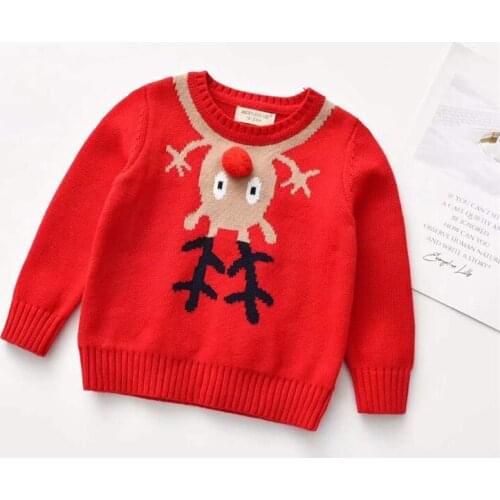 Toddler Christmas Sweater Baby Cartoon Deer Long Sleeve Round Neck Knitted Pullover With Pompom