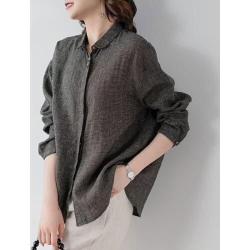 2021 Spring Autumn New Arts Style Women Long Sleeve Loose Turn-down Collar Shirts Cotton Linen Small Plaid Casual Blouses V71