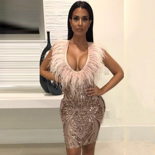 Sexy Feather Sequin Bandage Bodycon Mini Dress 2020 Summer Fashion New Womens Sleeveless Dress Club Evening Party Vestidos