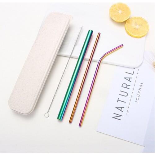 Silver Colorful Stainless Steel Drinking Straw Set With Box 3 Straws 1 Cleaner Brush 1 Box Reusable Eco Friendly Drinking Tool 1