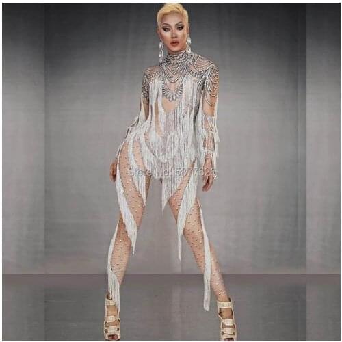 Rhinestone White Tassel Long Sleeves Jumpsuit nude bodysuits Women singer stage show bodysuit