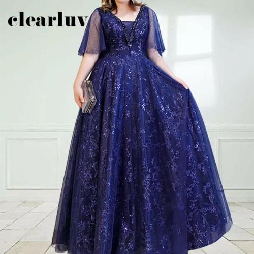 2020 Plus Size Evening Dress DR1063 Sexy V-neck Robe De Soiree Shining Navy Blue Evening Gown For Women Sequin Long Party Dress