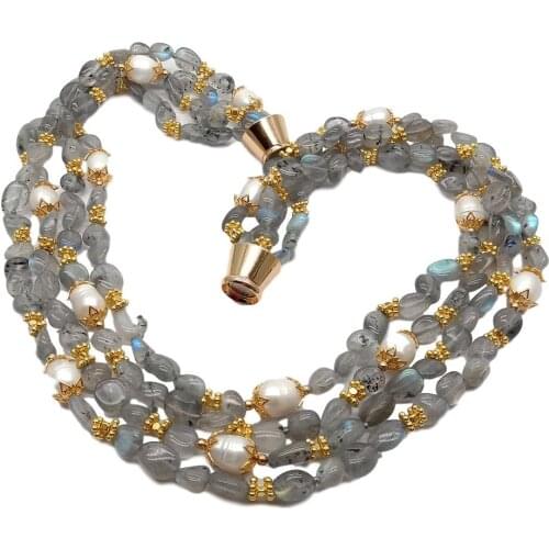 YYGEM Natural 4 Strands Labradorite Small Nugget Cultured White Rice Pearl Necklace 19.5"