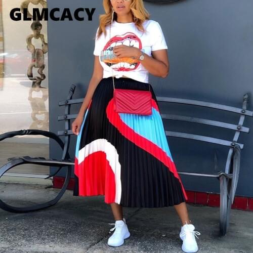 Women Summer Chic Two Piece Suits Casual Short Sleeve Tshirt and Maxi Pleated Skirts Set