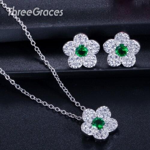 ThreeGraces New Necklace Stud Earrings Lovely Flower Green Micro Cubic Zircon Crystal Jewelry Sets for Women Party Gift JS044